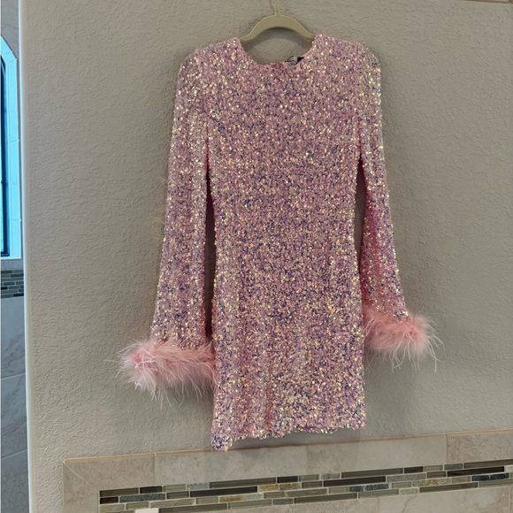 Fashion Nova NWT Glittering Pink Sequin Dress with Feathered Cuffs. Ptp 18” - Picture 2 of 6